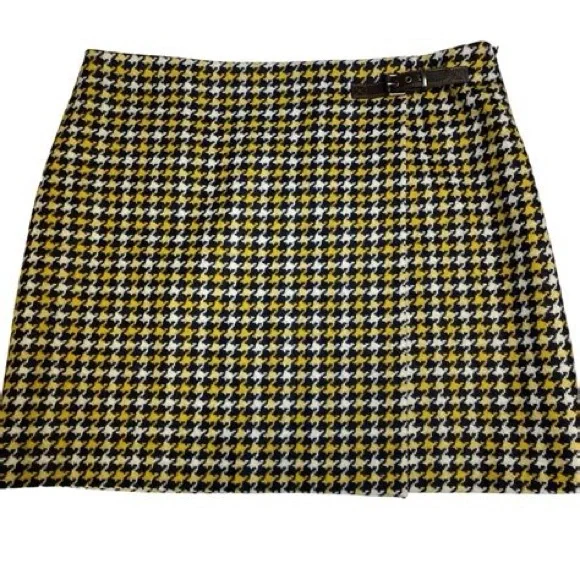Boden 100% Wool British Tweed Faye Kilt Skirt Navy White Yellow Houndstooth| 14L - Picture 1 of 12